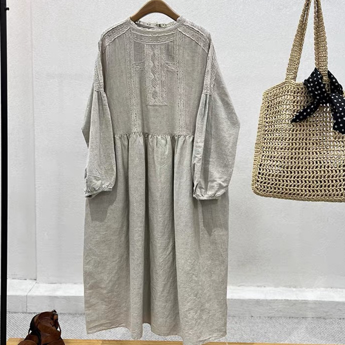 柒尺正品早秋复古洋气通勤亚麻拼接宽松显瘦气质连衣长裙