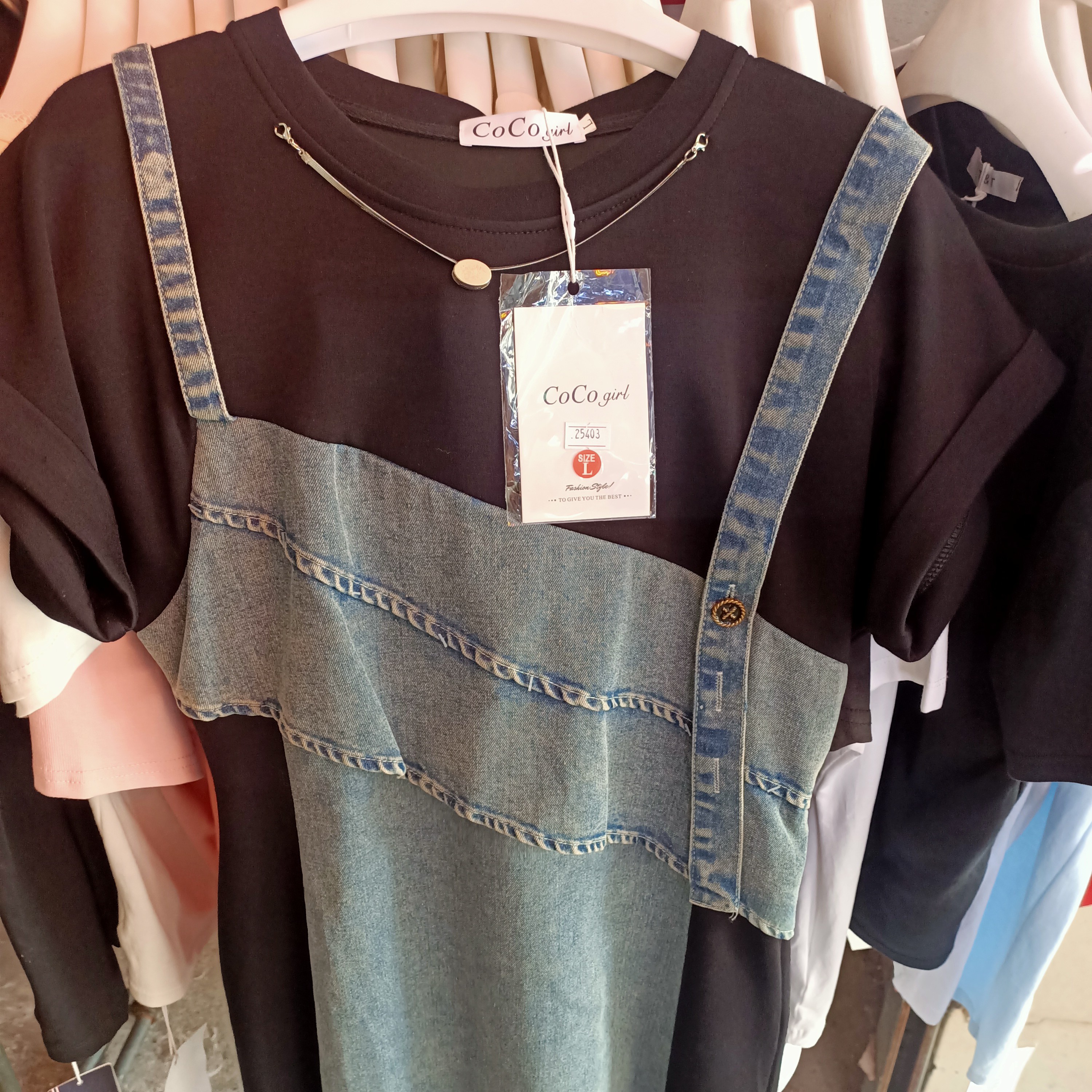 女士夏季百搭简约时尚圆领拼接短袖牛仔连衣裙