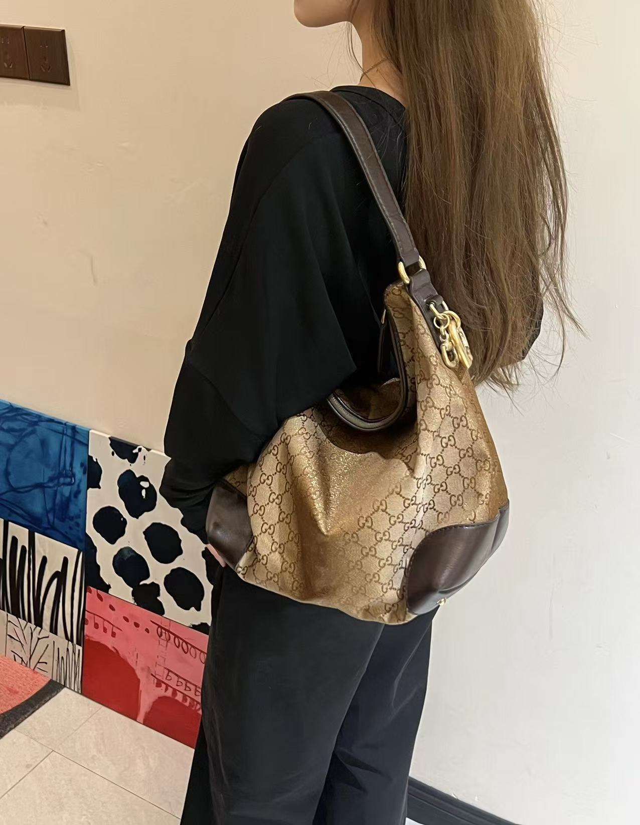 95新 GUCCI/古驰 金丝流沙腋下hobo/单肩包