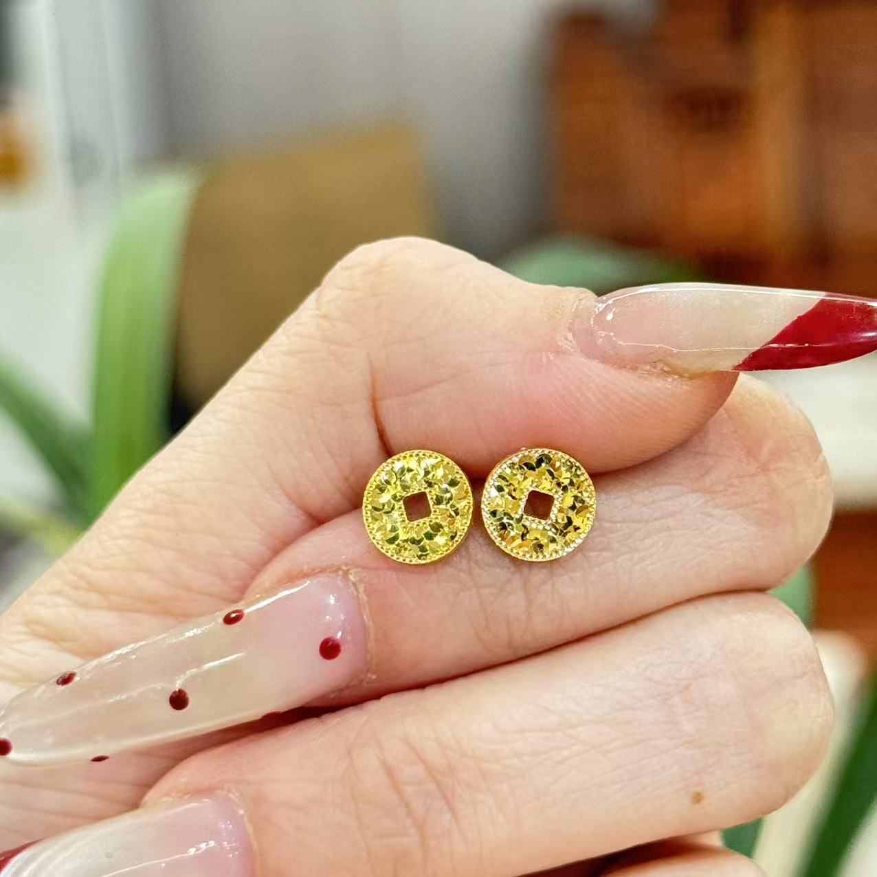 待定E【 碎冰钱币耳针】-足金999精工5耳饰