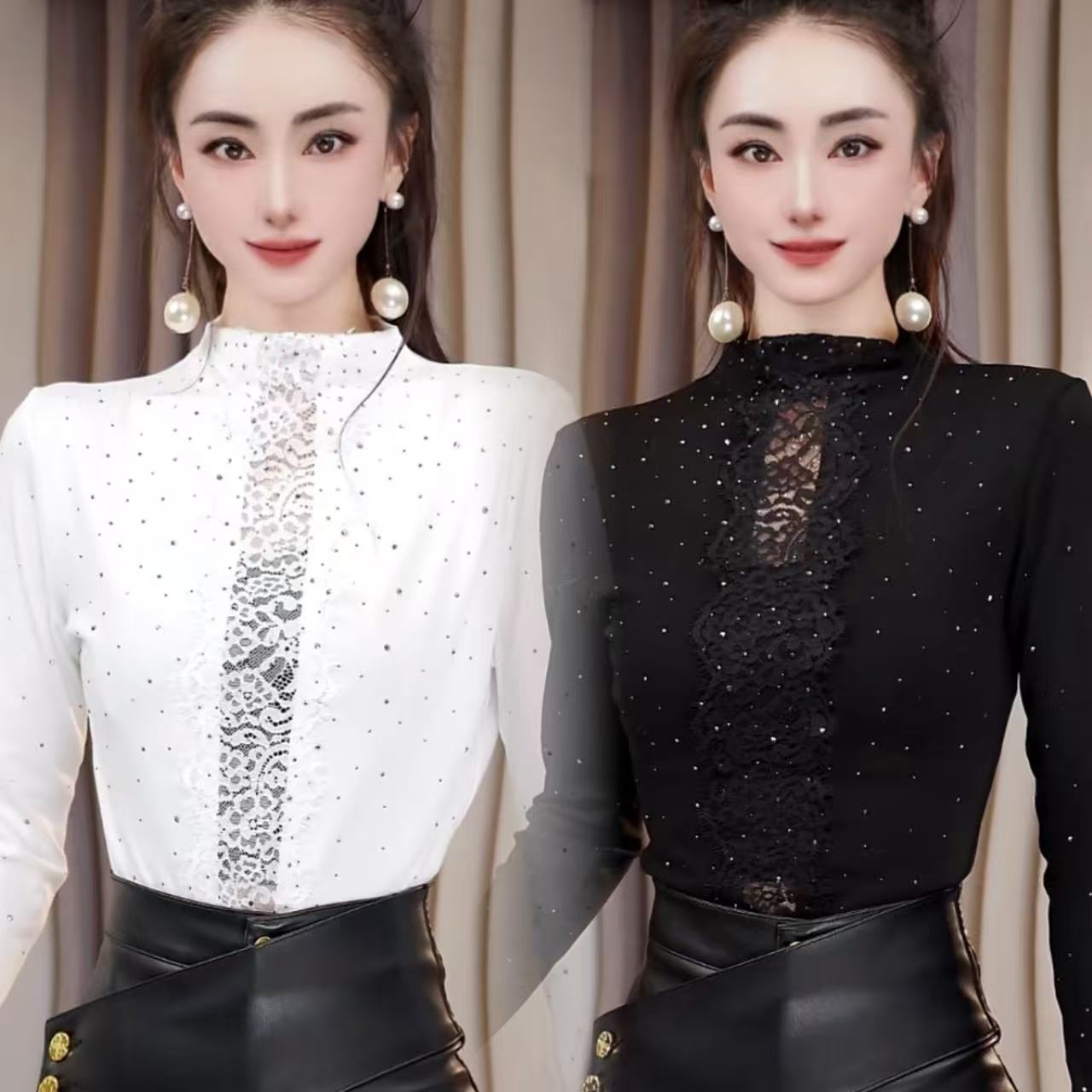 两面穿）时尚气质烫钻蕾丝拼接气质长袖t加绒保暖