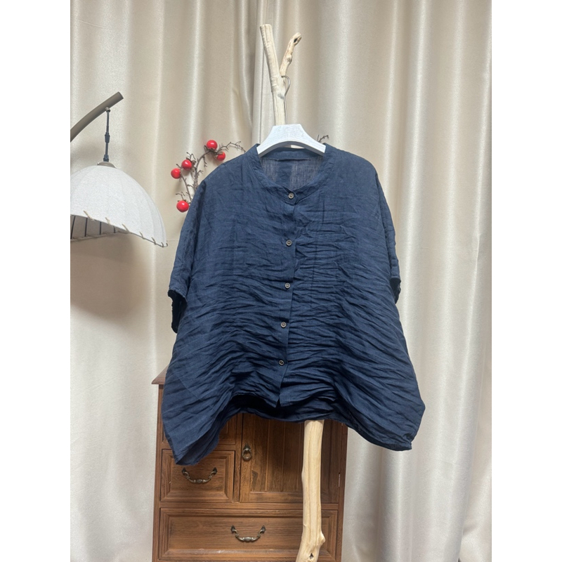 1313夏季新款复古宽松文艺百搭短袖亚麻衬衫衣长60胸围150