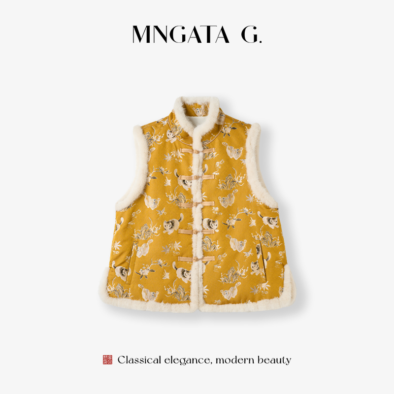 MNGATA G.宫小妍【宋锦·猫的日记】水貂毛新中式夹3M棉马甲5102456