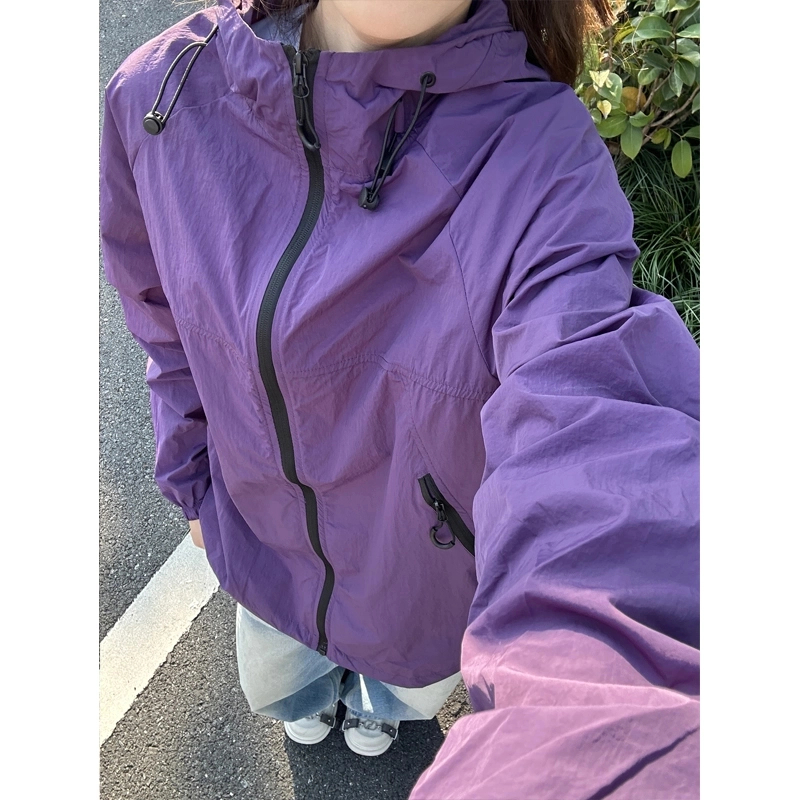 UPF50+葡萄紫防晒衣男女款夏季户外防紫外线外套薄款连帽情侣夹克