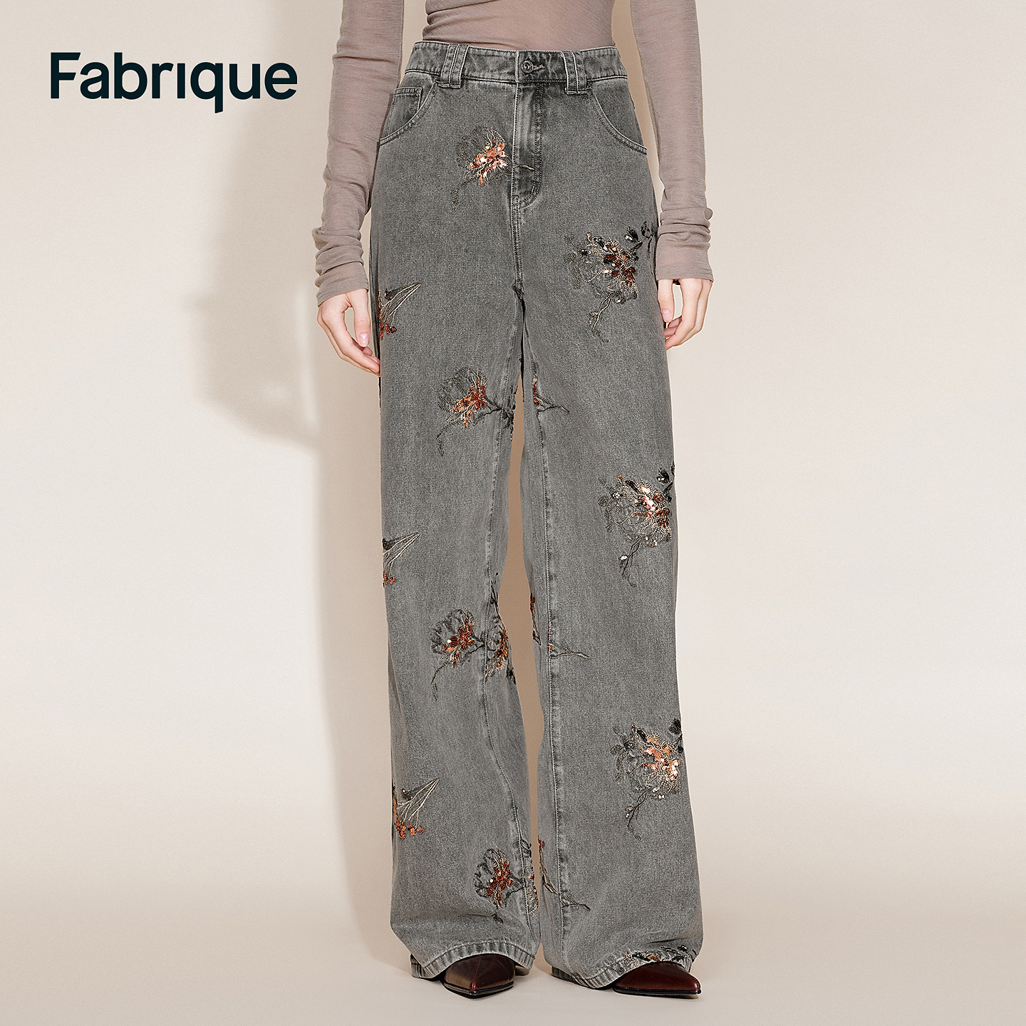 Fabrique Star 秋冬新品亮片巴洛克花卉钉珠复古休闲直筒牛仔裤
