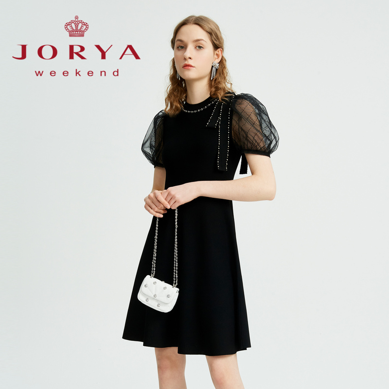 【赵老板专属】卓雅周末优雅蝴蝶结泡泡袖收腰针织连衣裙EJWCBQ54