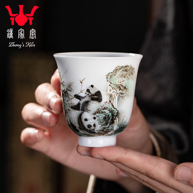 钟家窑景德镇陶瓷主人杯窑主钟辉手绘粉彩熊猫闻香铃铛杯