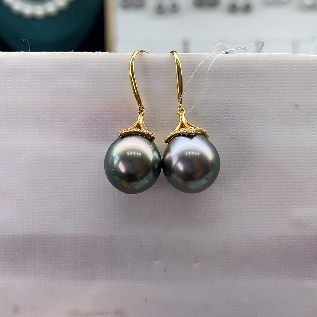 海水珍珠耳饰18K金镶嵌大溪地孔雀绿11-12m m