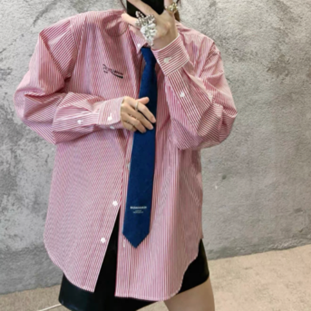 pushBUTTON 24早春 学院风条纹宽松休闲长袖衬衫