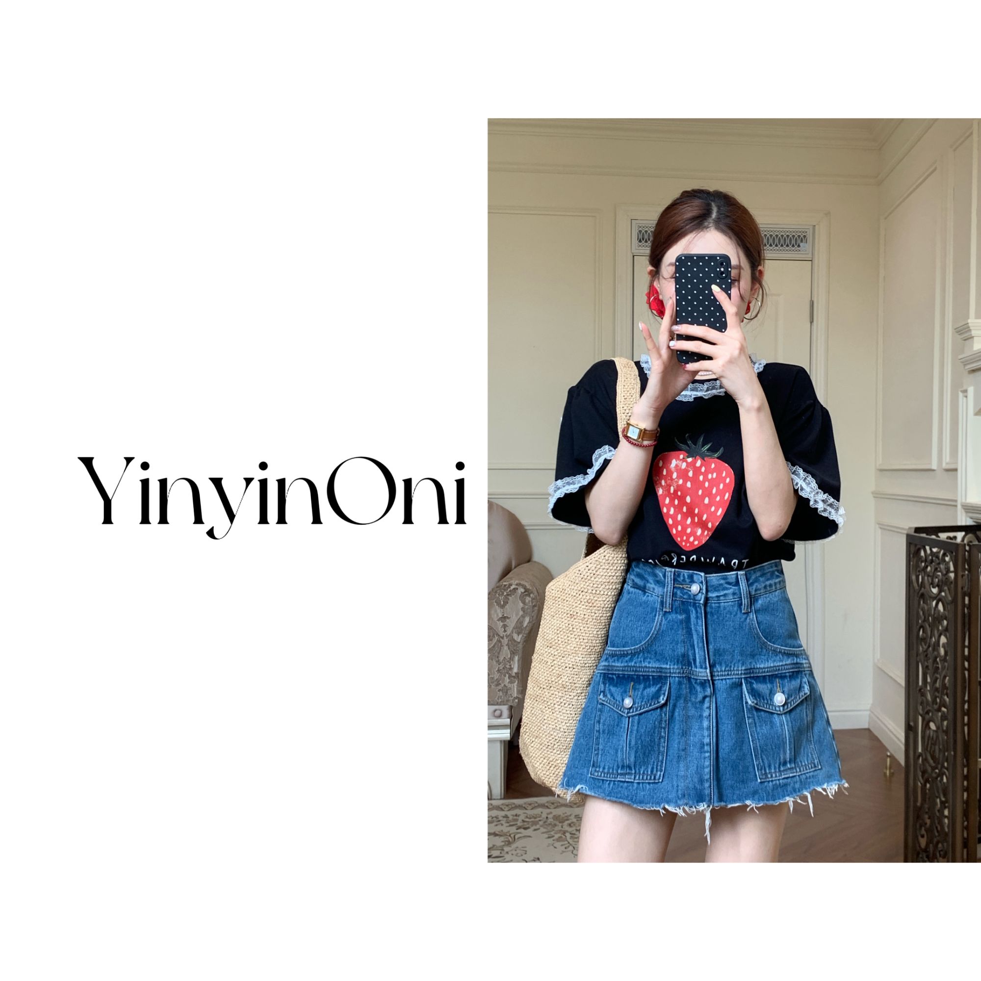 茵茵欧尼（草莓苏打）甜美拼蕾丝圆领短袖T恤 韩版时尚夏季减龄上衣