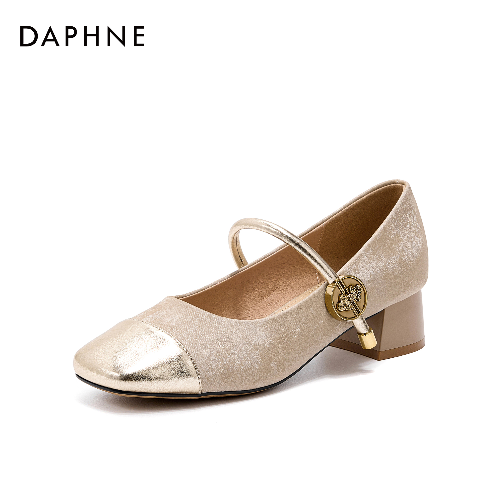 达芙妮气质百搭粗跟方头浅口高跟鞋春秋季新款软底复古千金单鞋