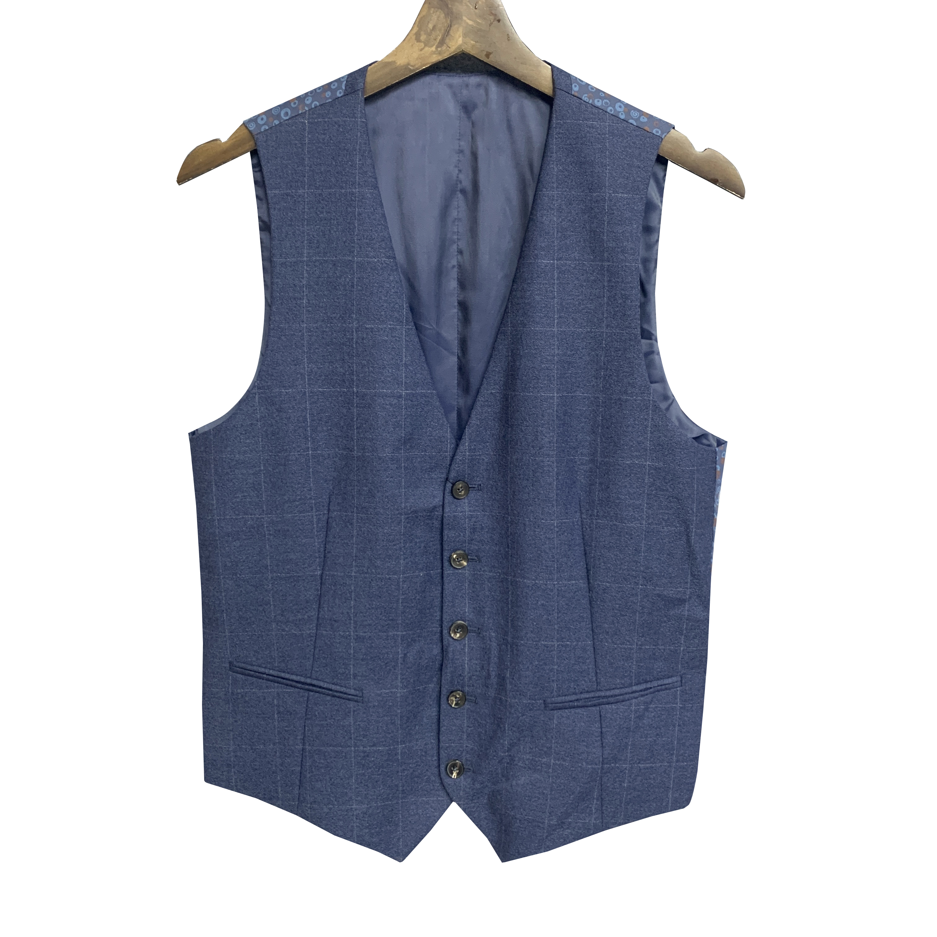 鸟【100绵羊毛】牛角扣单排5扣雾霾蓝窗格纹商务秋冬西装马夹MJ009