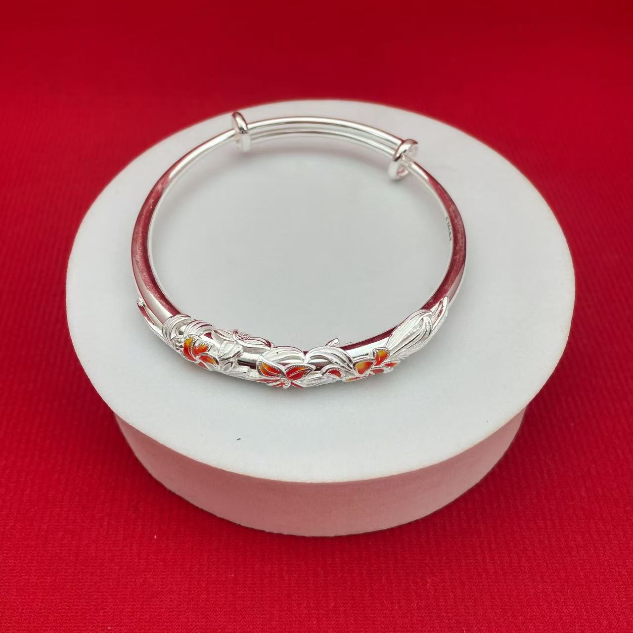 足银手镯 2号链接 萱草花珐琅推拉实心手镯莫比乌斯推拉镯子