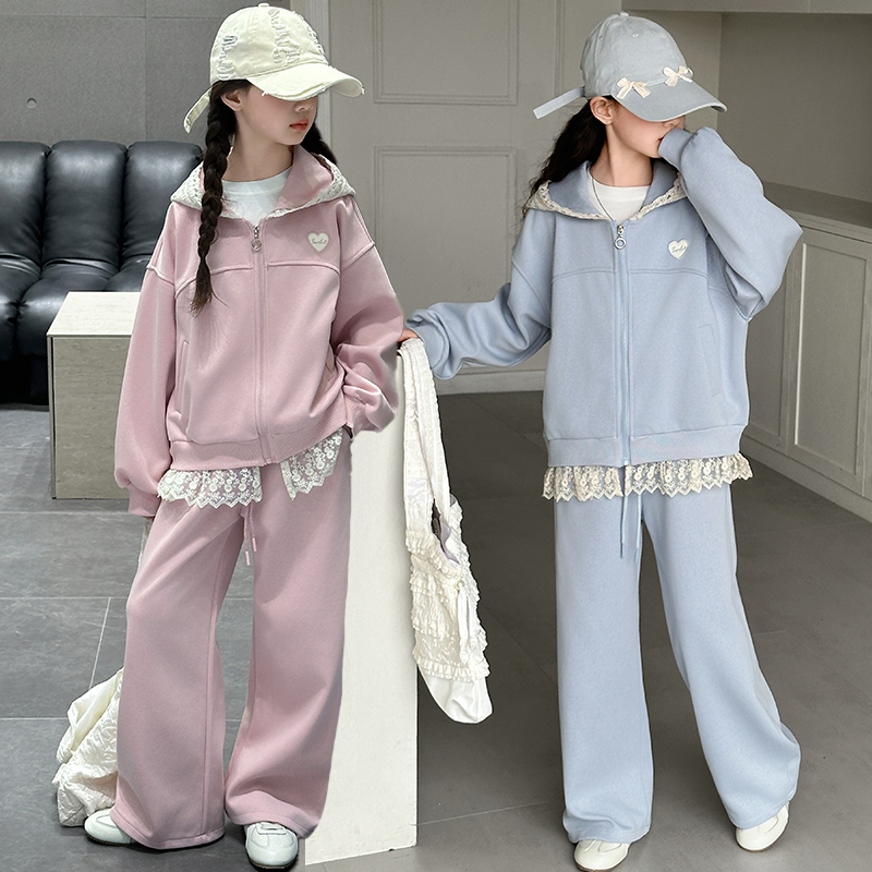 女童春款套装2025新款洋气儿童运动服中大童装女孩连帽开衫两件套
