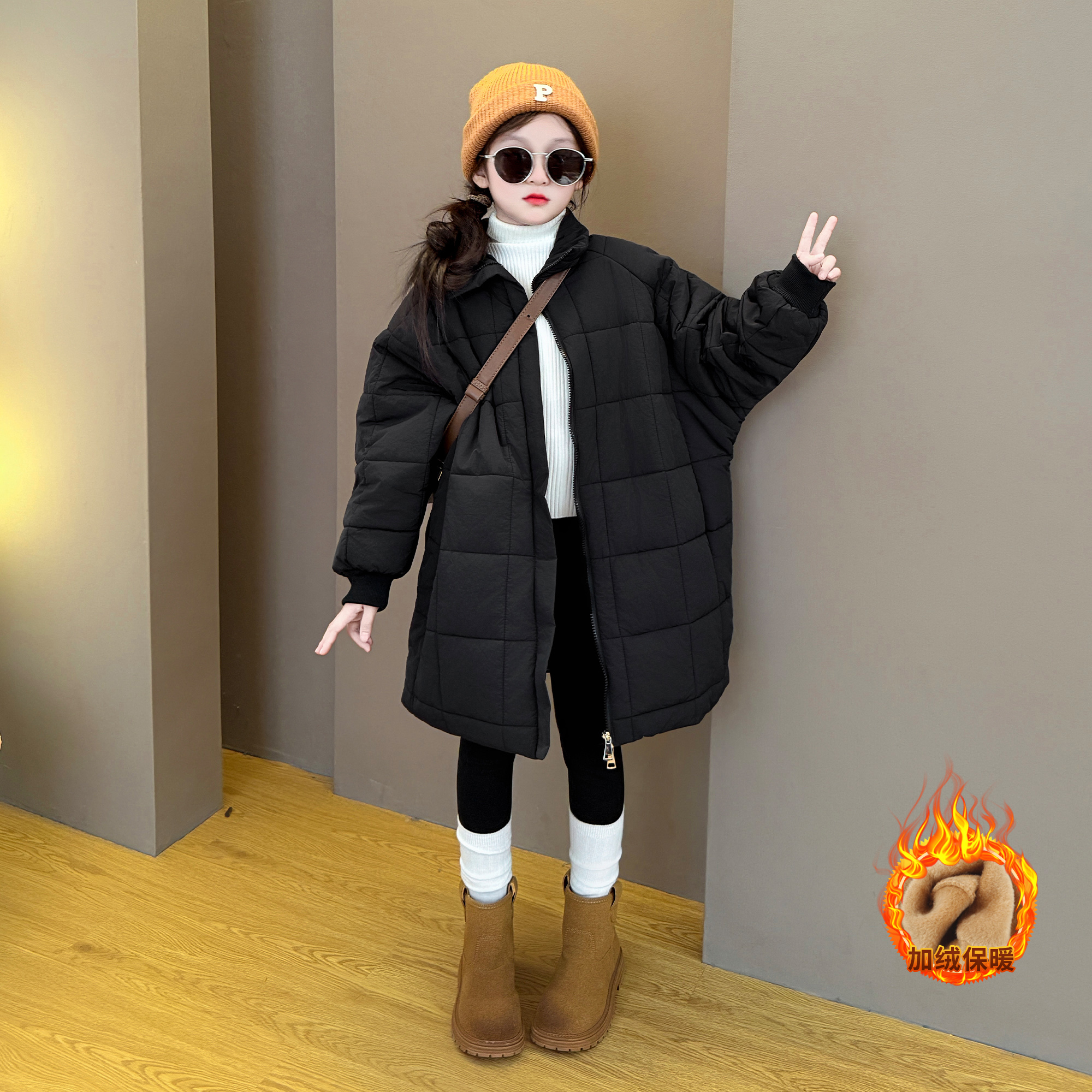 女童秋冬装棉服2025新款女宝宝韩版时髦中长款棉服打底裤套装潮酷
