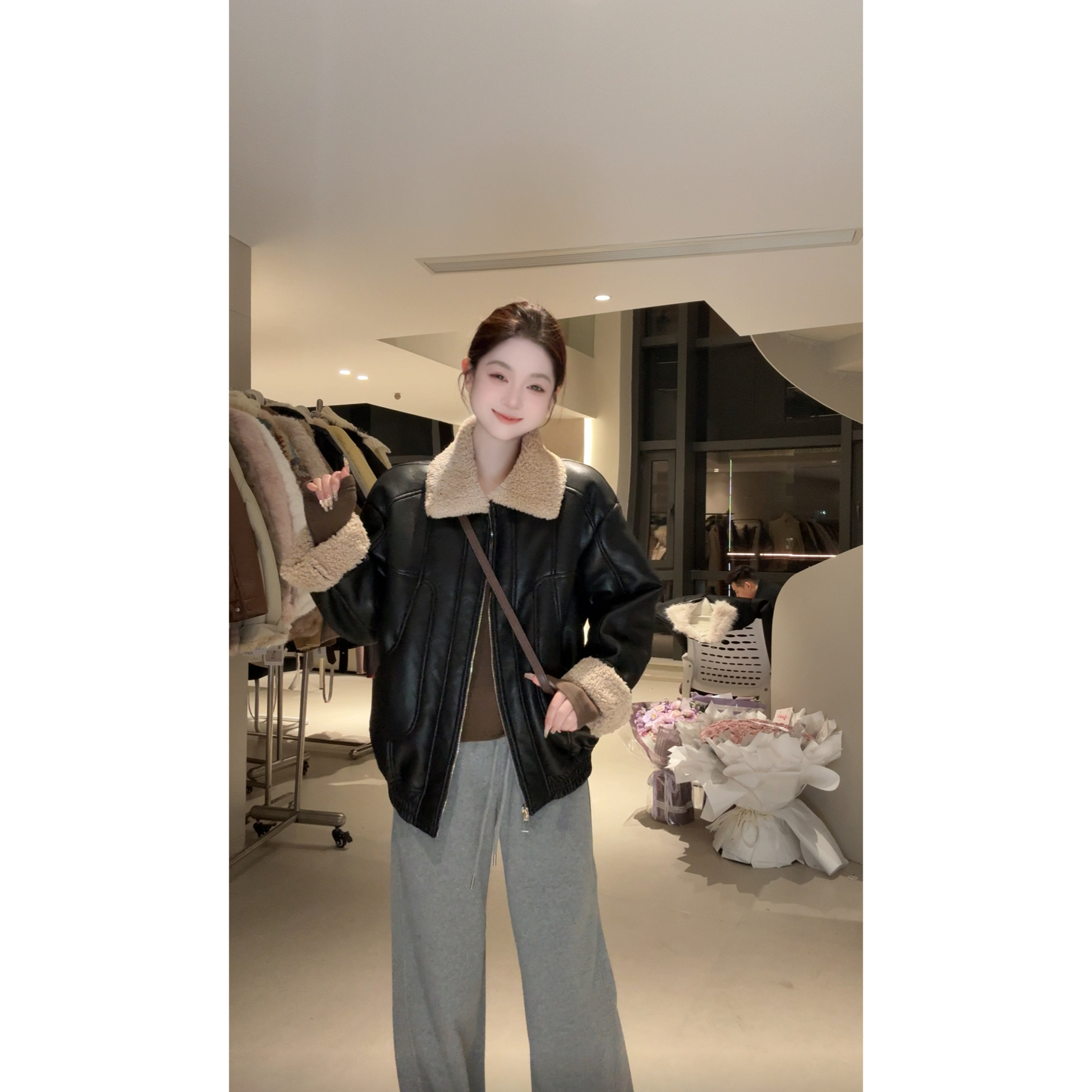 高级感气质翻领皮毛一体加厚皮衣外套女9809