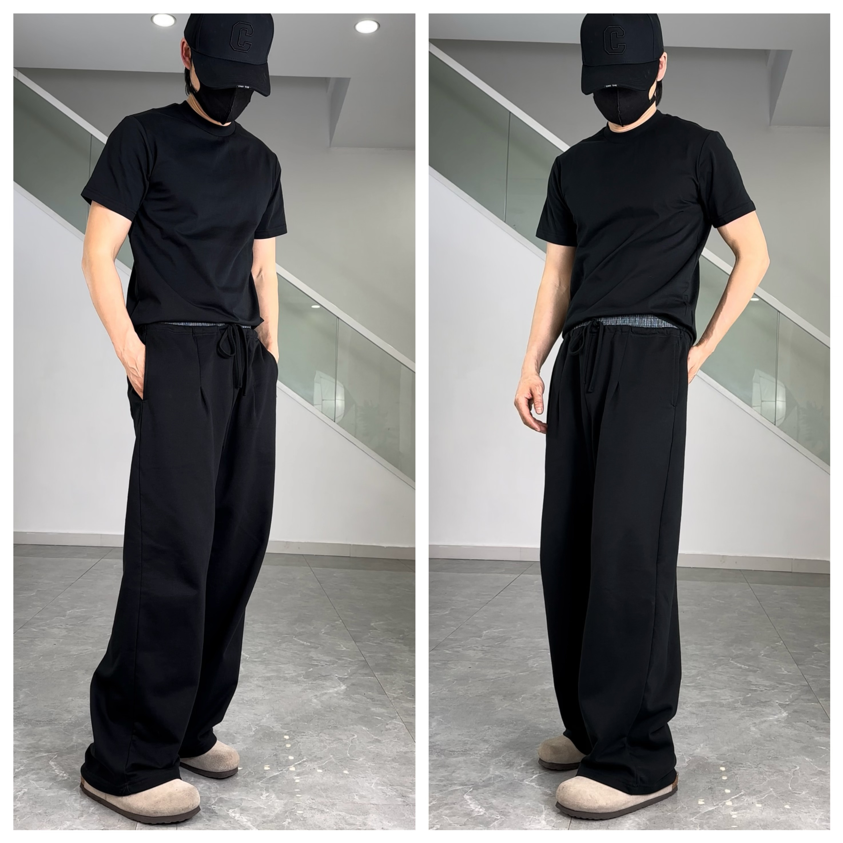 2025夏季美式潮牌中性风拼接双腰头阔腿裤运动直筒休闲裤男潮流