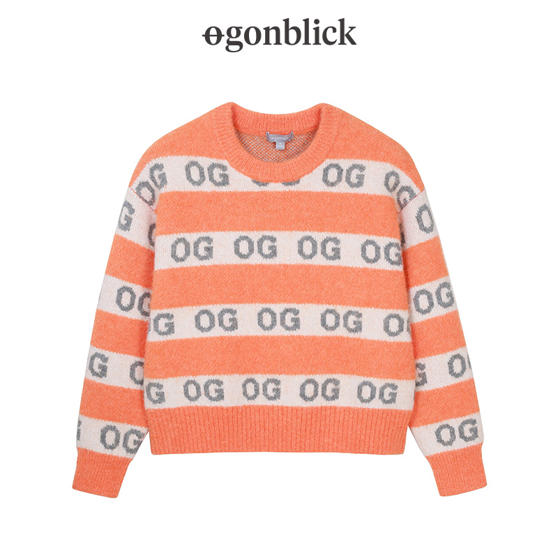 北欧时刻宽条纹字母圆领套头毛衣女宽松显瘦气质长袖E21317240992