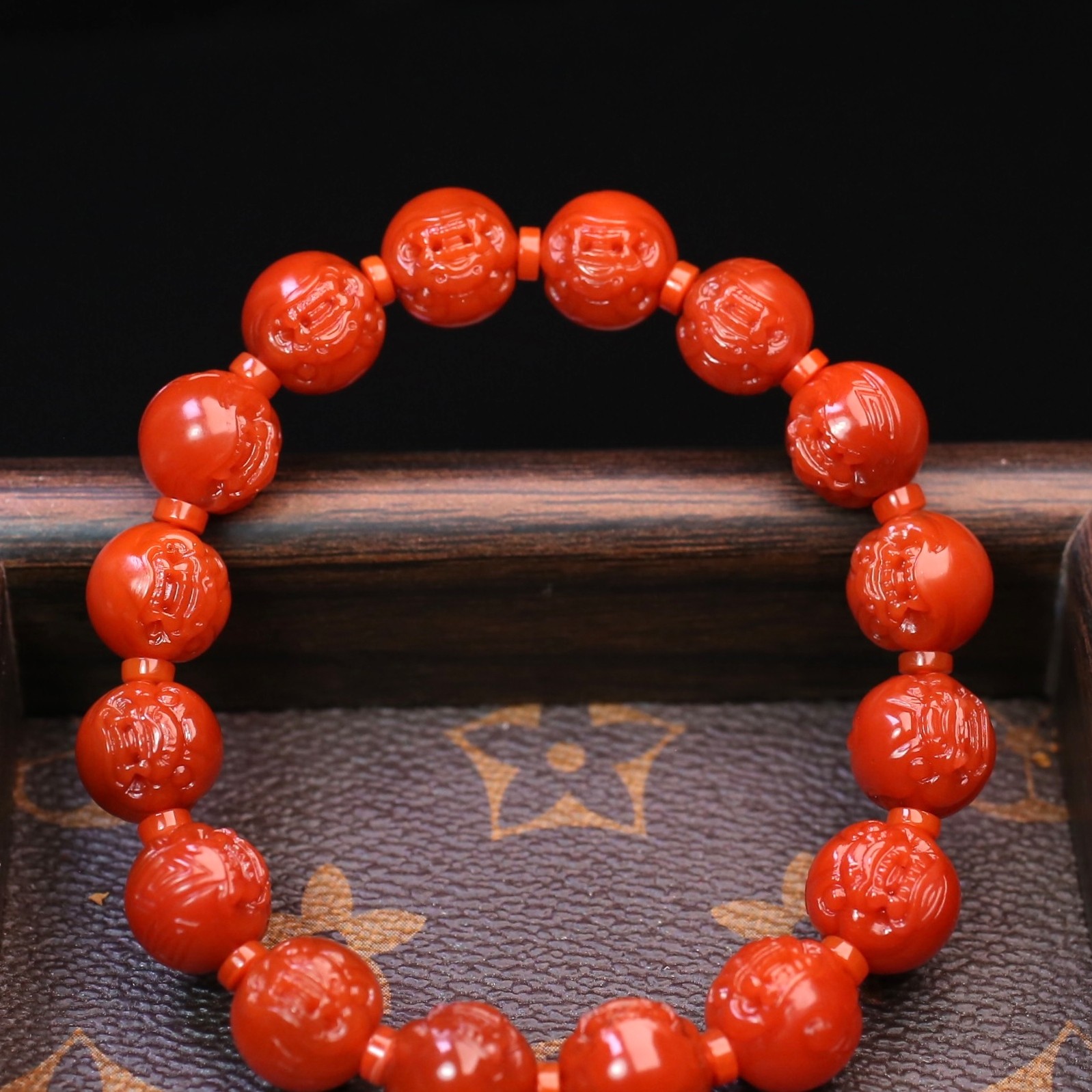 天然原矿无胶保山南红官坡锦红貔貅珠手串