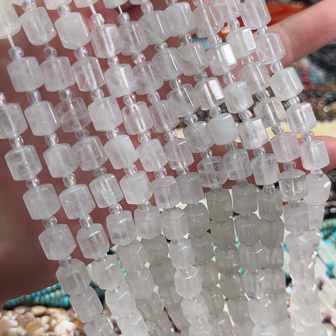玛瑙/玉髓合金珠宝半成品白水晶六角珠一条8x10mm
