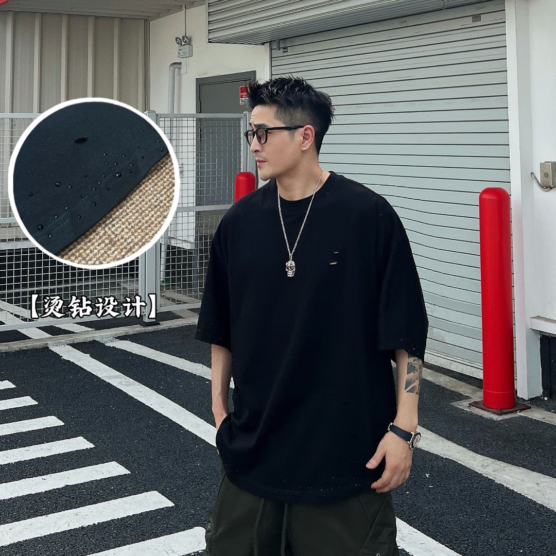 海云镜25ss夏季圆领烫钻破洞纯色宽松蝙蝠袖300g纯棉T恤Y8061