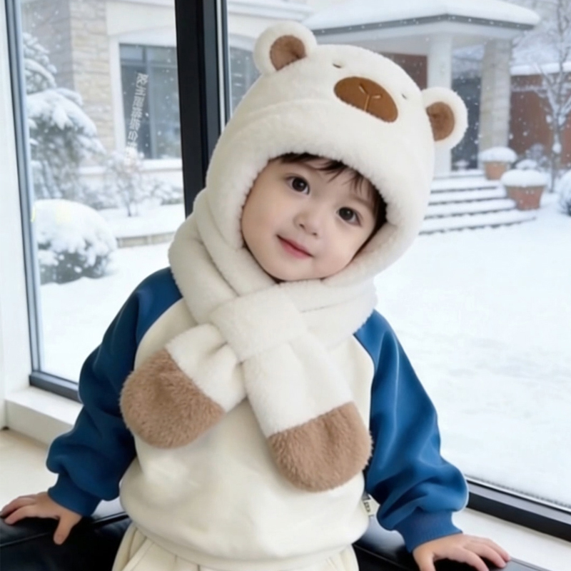 可爱卡皮巴拉毛绒帽子围巾一体两件套女秋冬防寒加厚保暖骑行帽子