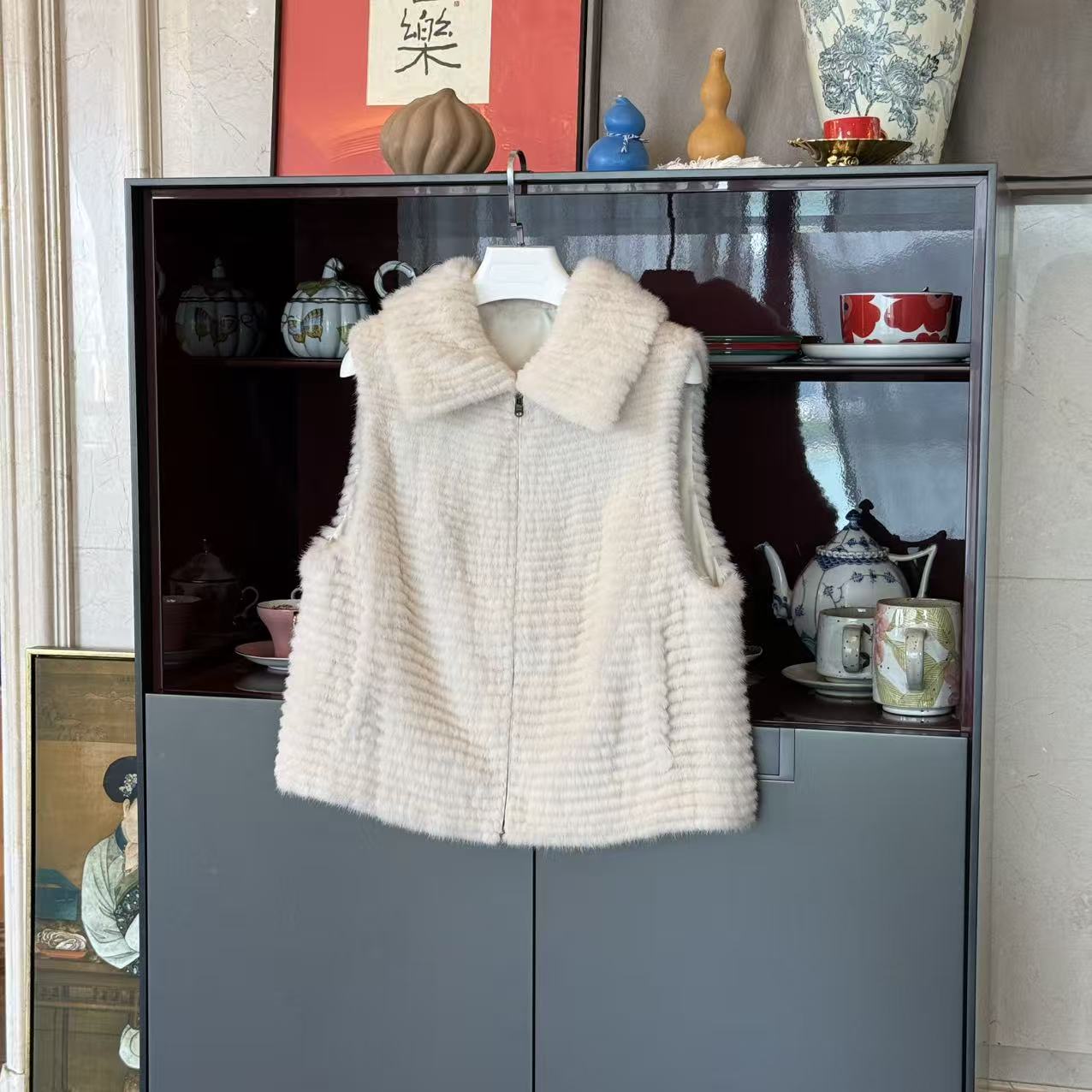 MYL 2025秋冬新品进口水貂马夹翻领无袖拉链休闲纯色拼接皮草马甲