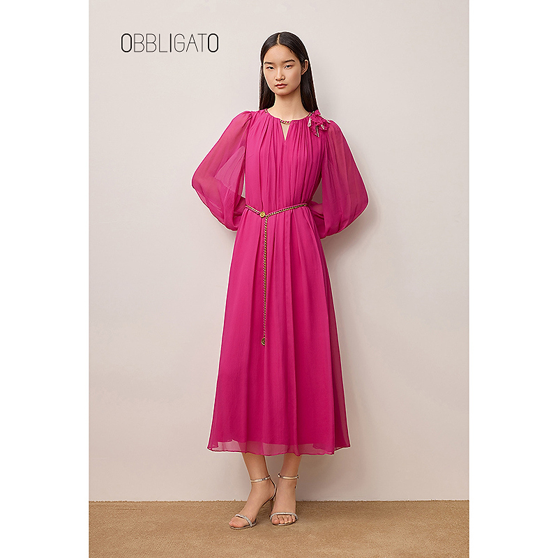 OBBLIGATO奥丽嘉朵2025秋季1C65305230真丝薄纱大裙摆连衣裙