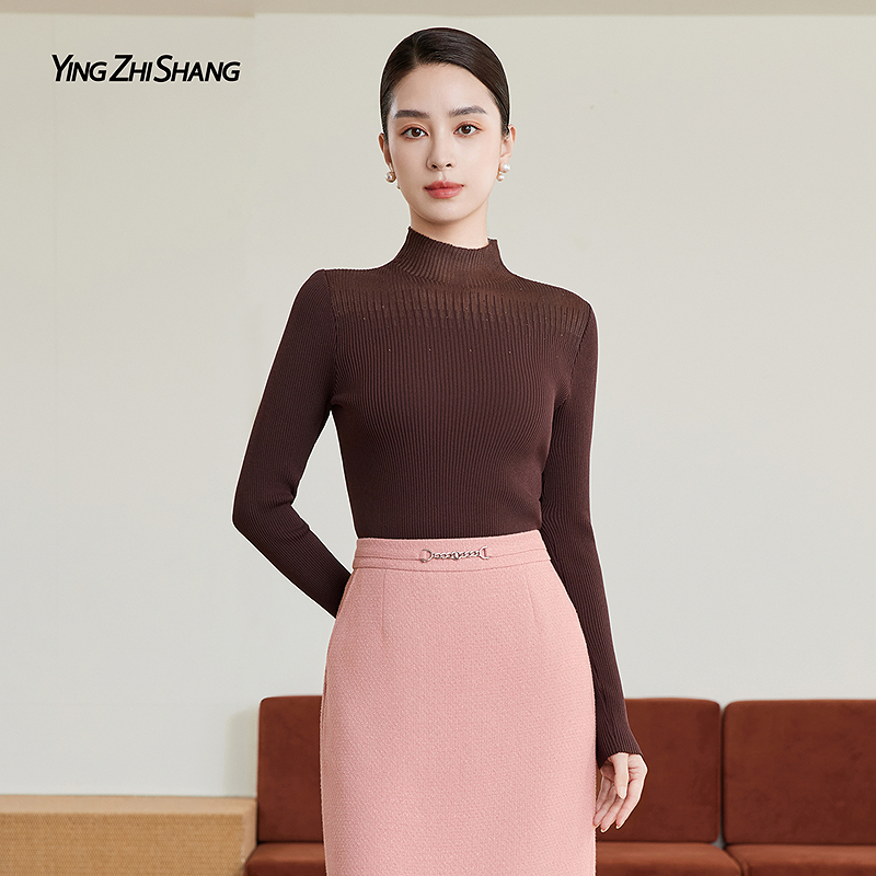 赢智尚大地棕半高领针织衫前胸通透鱼丝设计简约复古ZZ00511