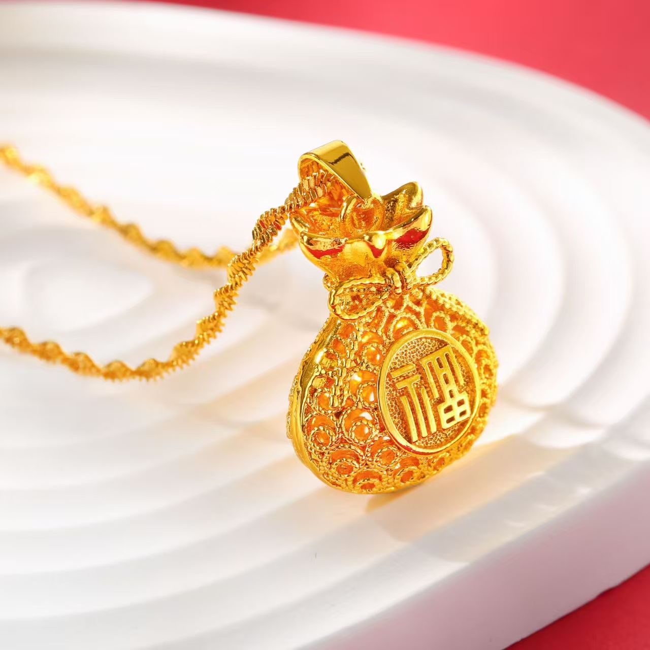 花丝镂空福袋吊坠项链复古镂空钱袋吊坠项链配饰 精美