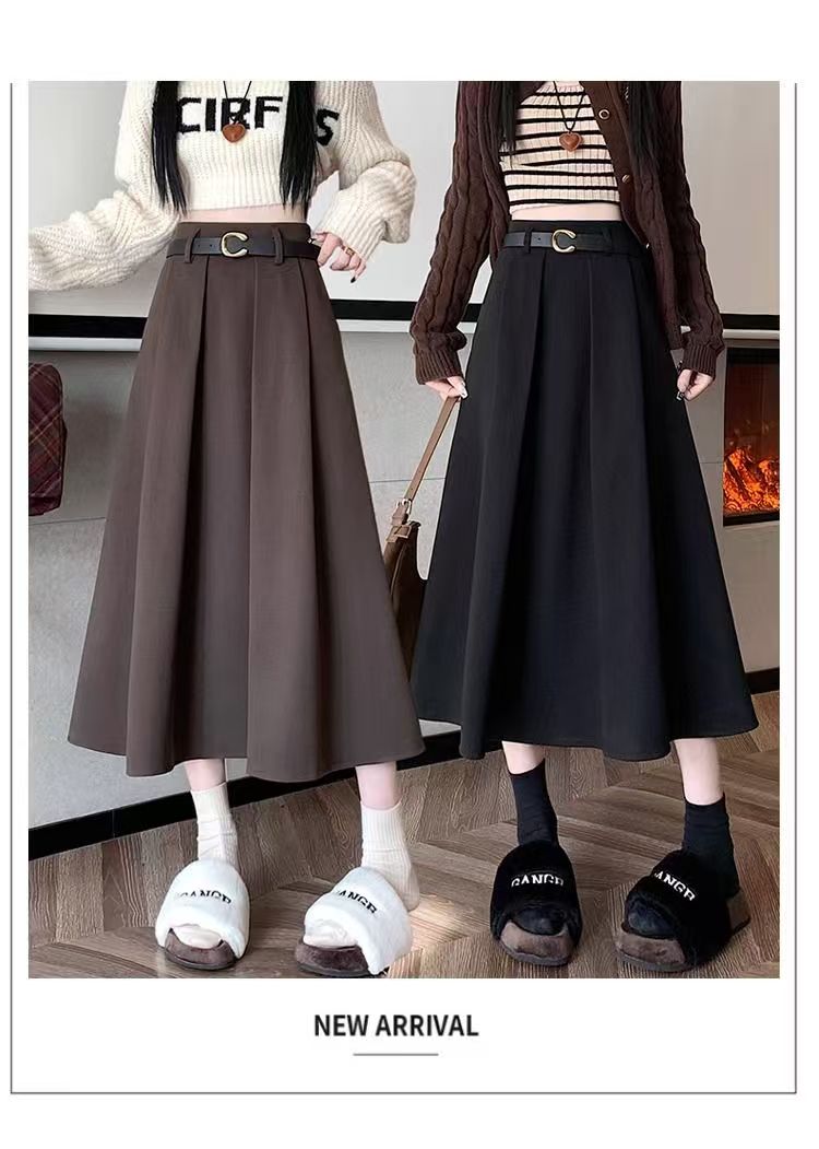 【送腰带】秋冬毛呢气质百褶中长款半身裙高腰垂坠感A字大摆裙韩版