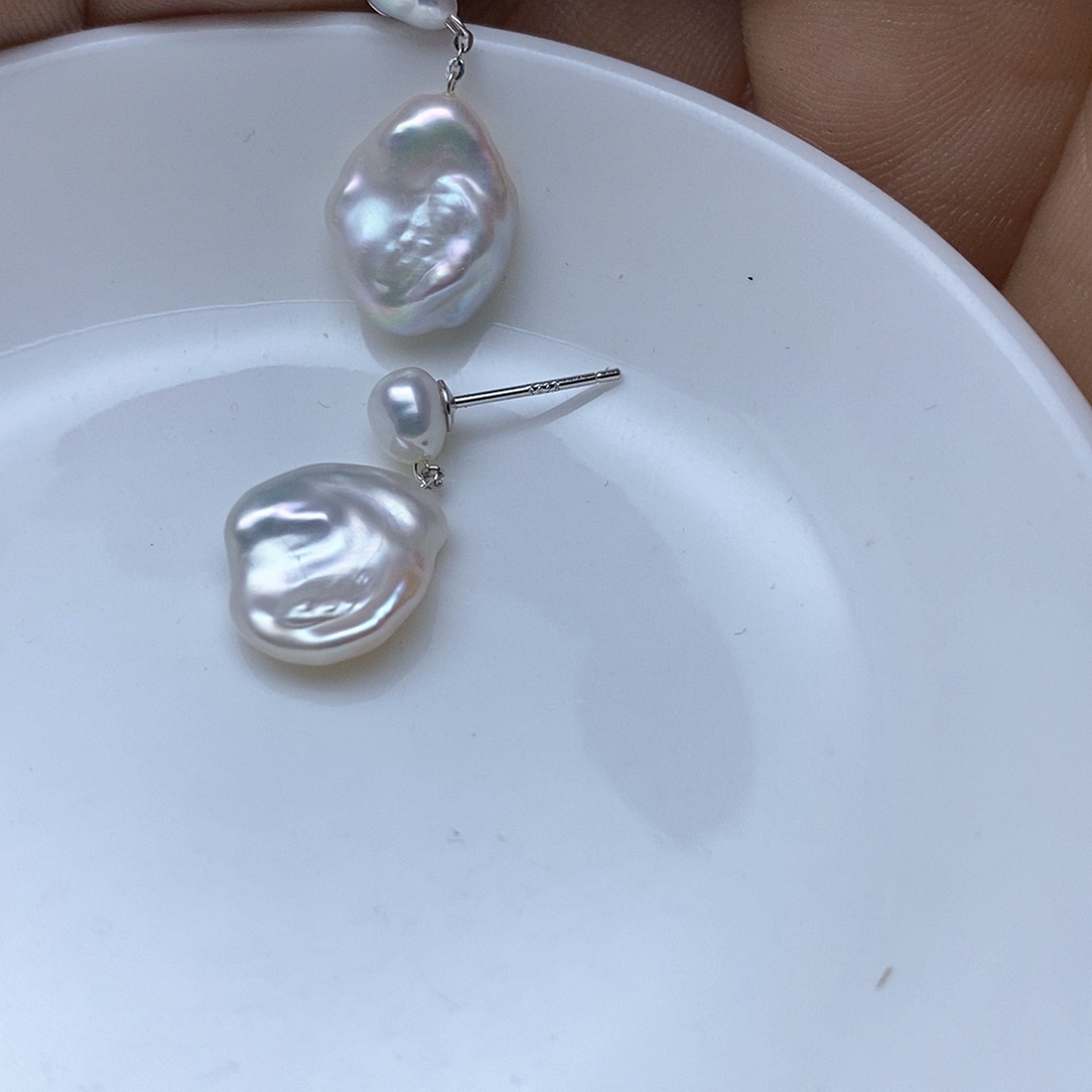 淡水珍珠耳坠银S925镶嵌肉*