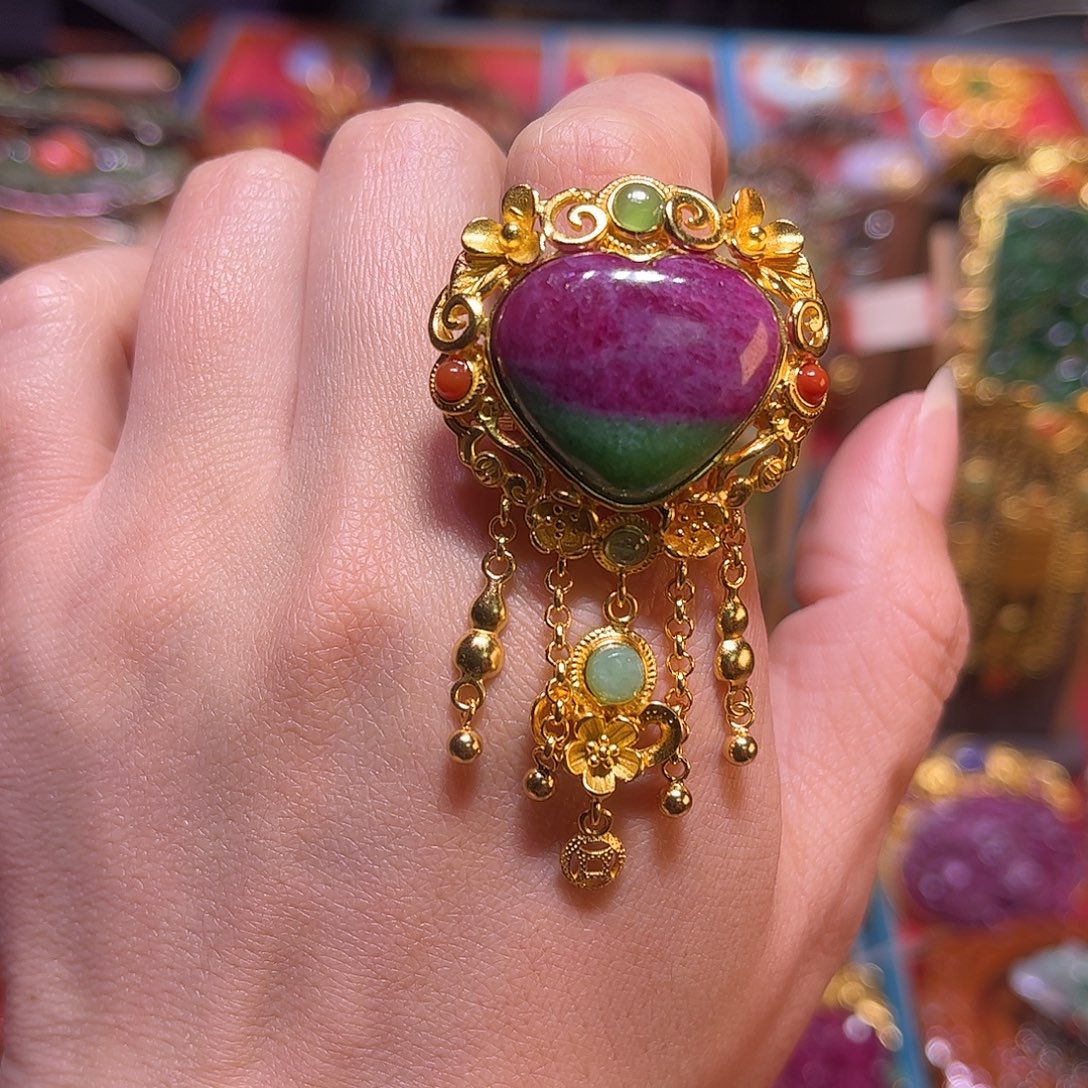 戒指红宝石银S925镀金镶嵌