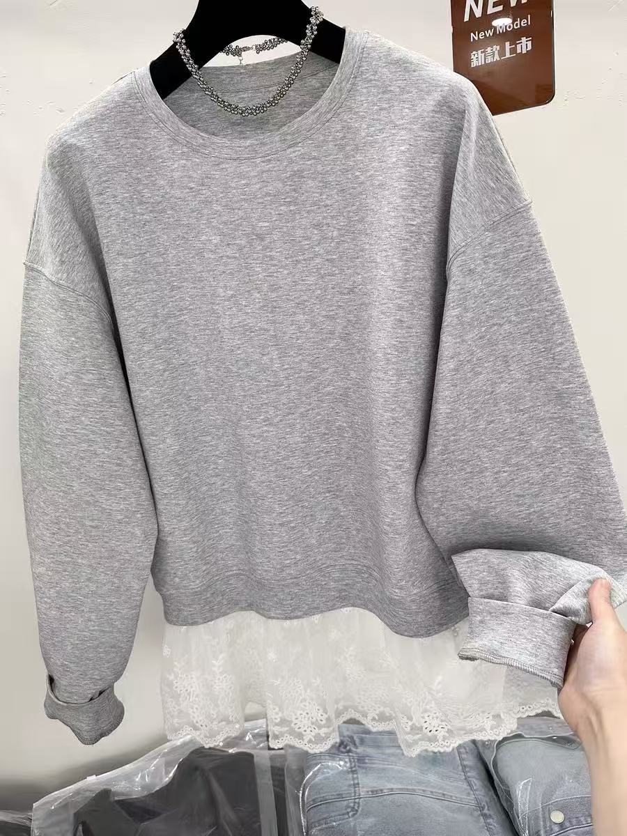 루루가−韩系ins时尚卫衣圆领蕾丝拼接宽松灰色短款宽松型休闲百搭