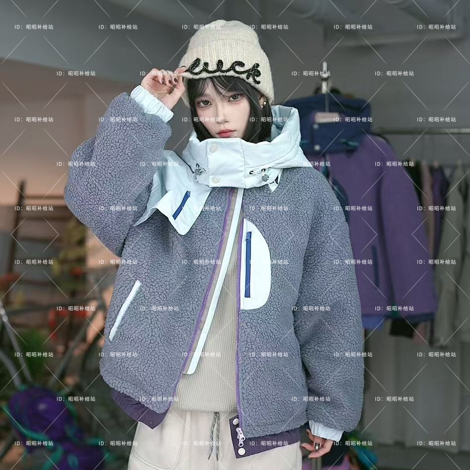 Sports Outdoor-特-26001冬季新款加厚拼接羊羔毛时尚连帽外套女
