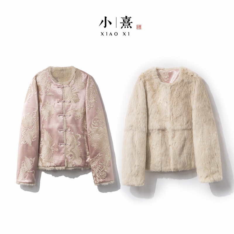 【玉瑶】冬季2025新款双面双穿新中式上衣女装宽松国风兔毛绣花外套