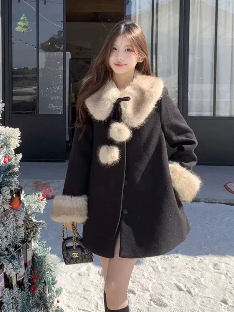 韩版秋冬时尚气质高级感甜美毛毛领拼接收腰A字版加棉毛呢大衣