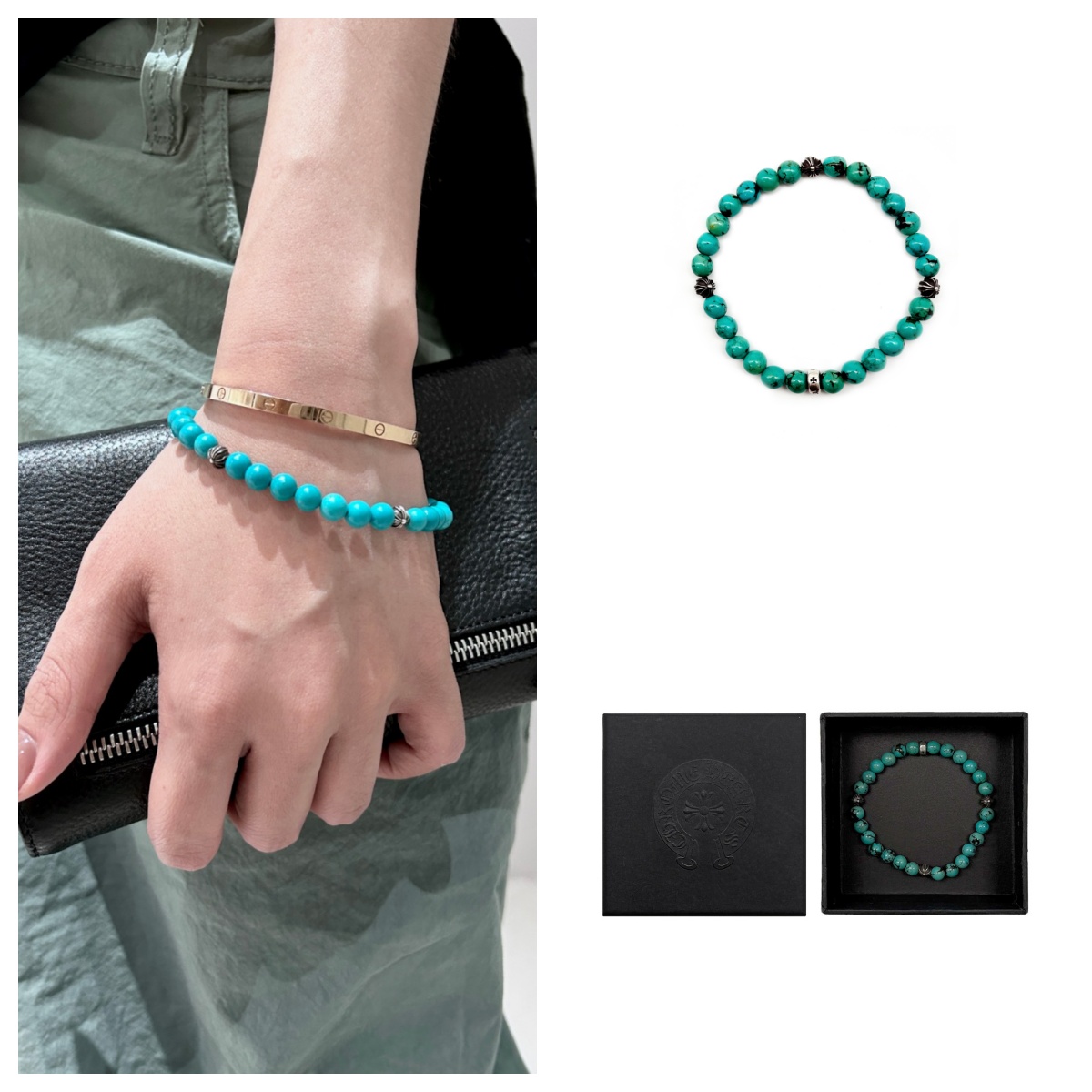 925银手链 Chrome Hearts 克罗心 6mm绿色四银圆环串珠手链 手串