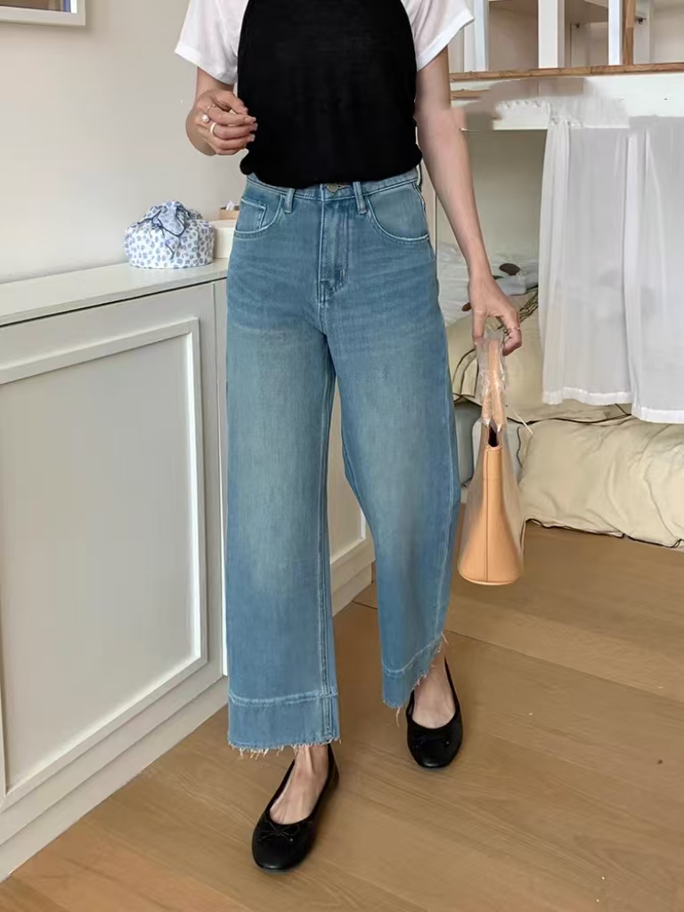 SU【922】代83 本本 阔腿牛仔女夏季薄款直筒裤高腰蓝色九分奶奶裤~