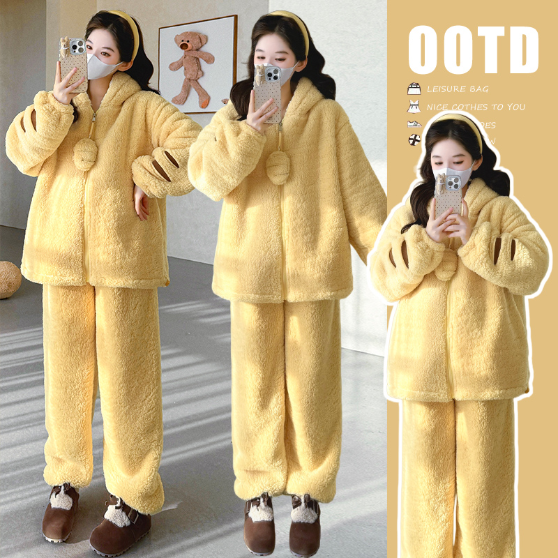 加厚保暖秋冬季孕妇装时髦洋气绒卡通连帽可外穿孕妇两件套家居服