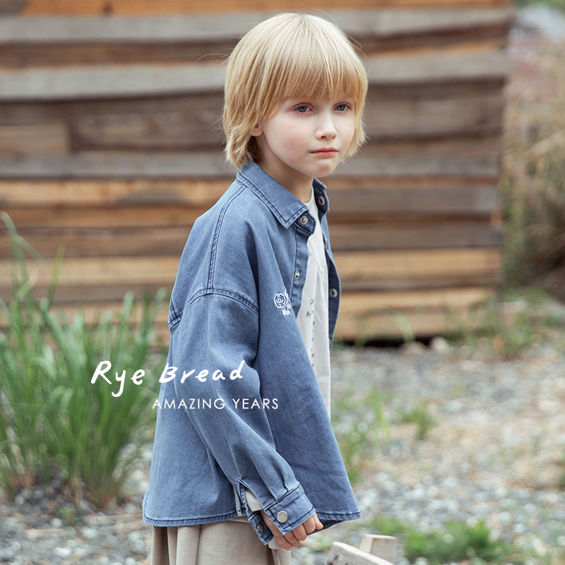 ryebread/黑面包童装 韩系字母刺绣男中大童衬衫牛仔外套W4春秋