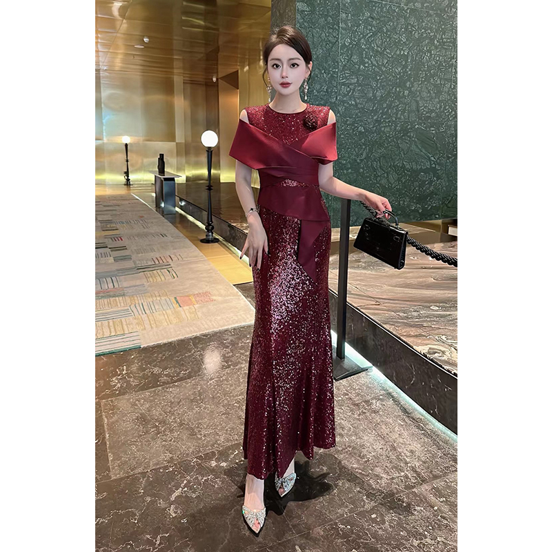 结婚喜婆婆高贵紫色喜妈妈酒红色亮片礼服长裙修身鱼尾连衣裙女装