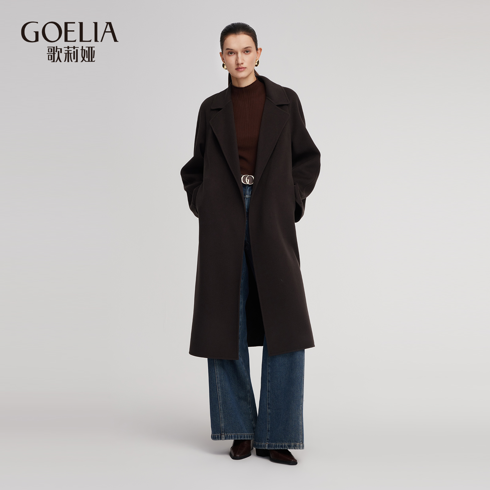 歌莉娅冬季新款绵羊毛羊绒毛呢大衣配腰带男女同款外套1ENC6N0H0