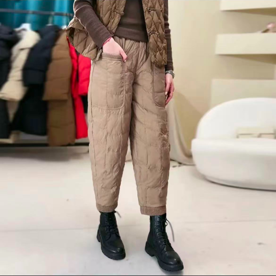 高腰拼接哈伦裤女士松紧腰加绒加厚保暖棉裤冬季宽松显瘦休闲外穿