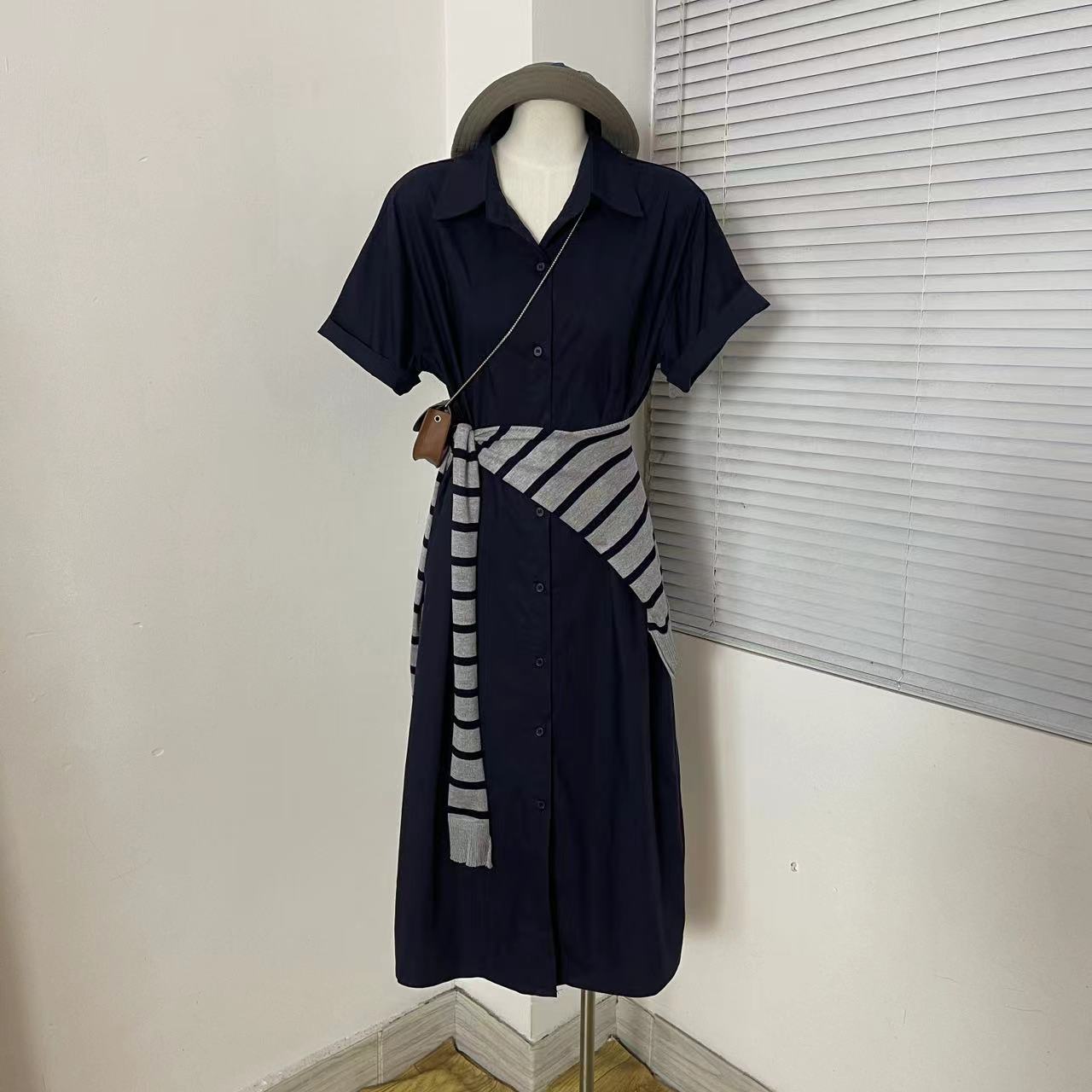 keke定制 韩国东大门夏季新款韩版宽松显瘦时尚复古藏蓝衬衣裙女