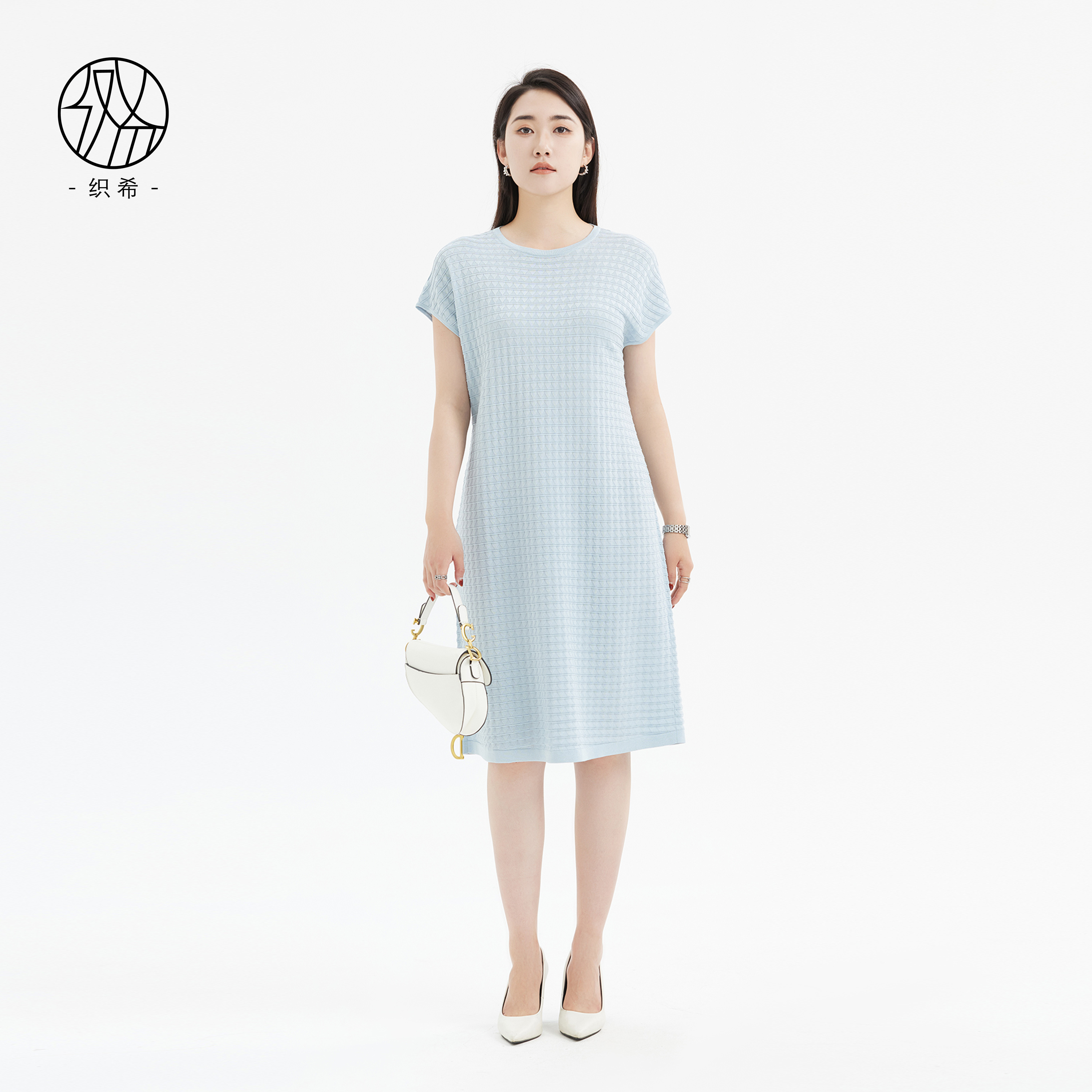 织希TESSITI｜夏季新款时尚清新蓝肌理感针织连衣裙