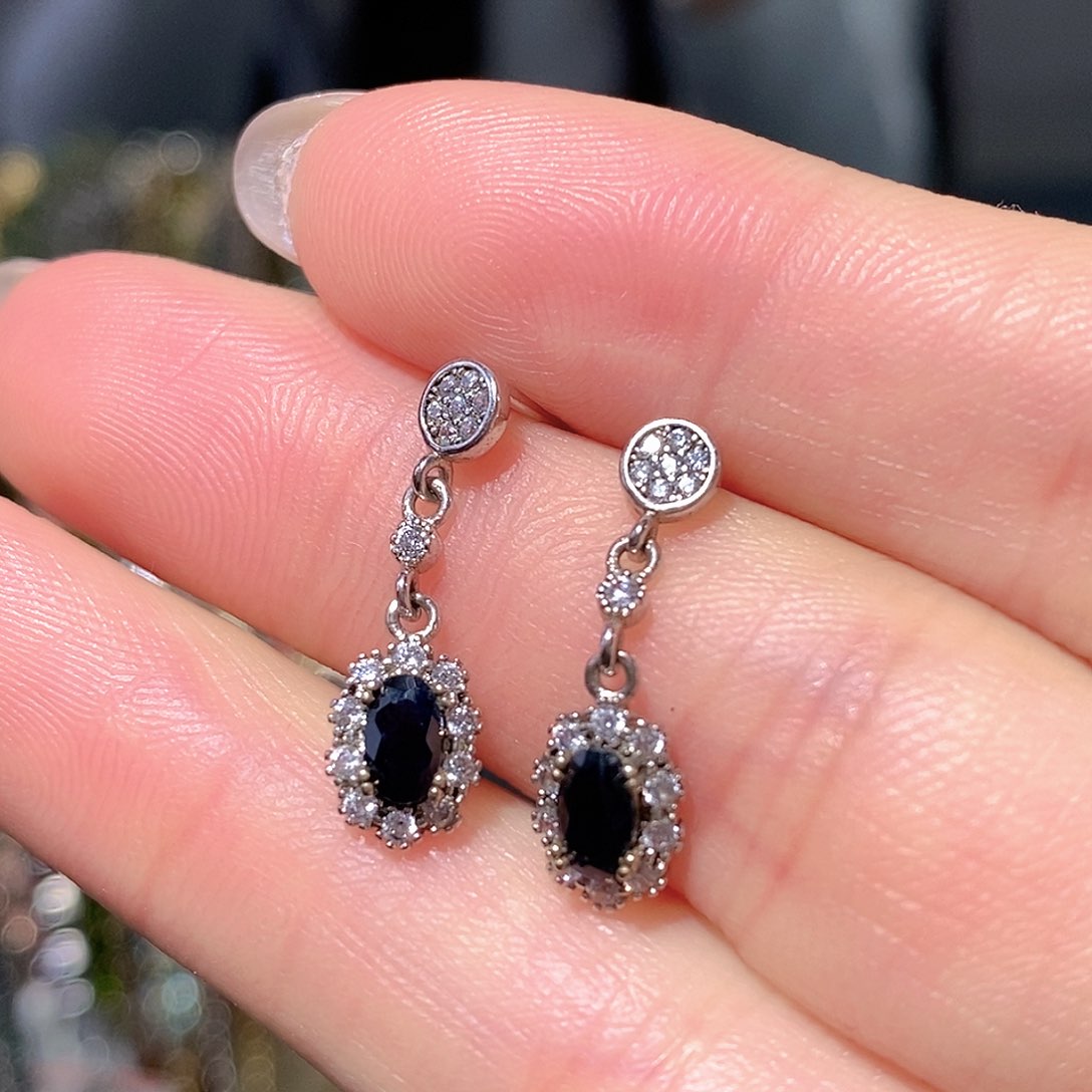 耳饰蓝宝石银S925镶嵌天然蓝宝石