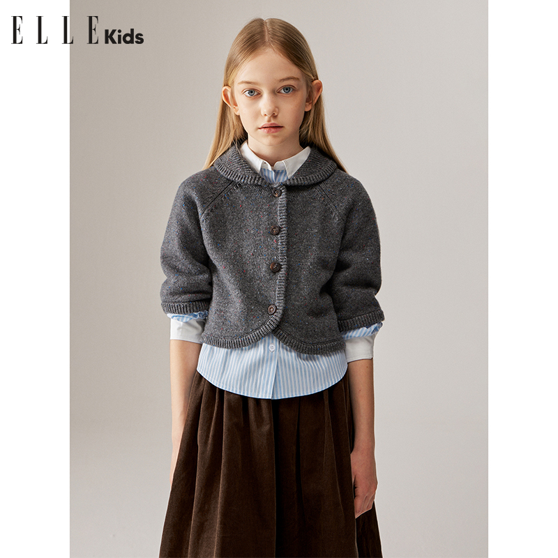 ELLE KIDS 法式经典翻领短袖针织彩点纱线短款小外套马甲秋季Q1