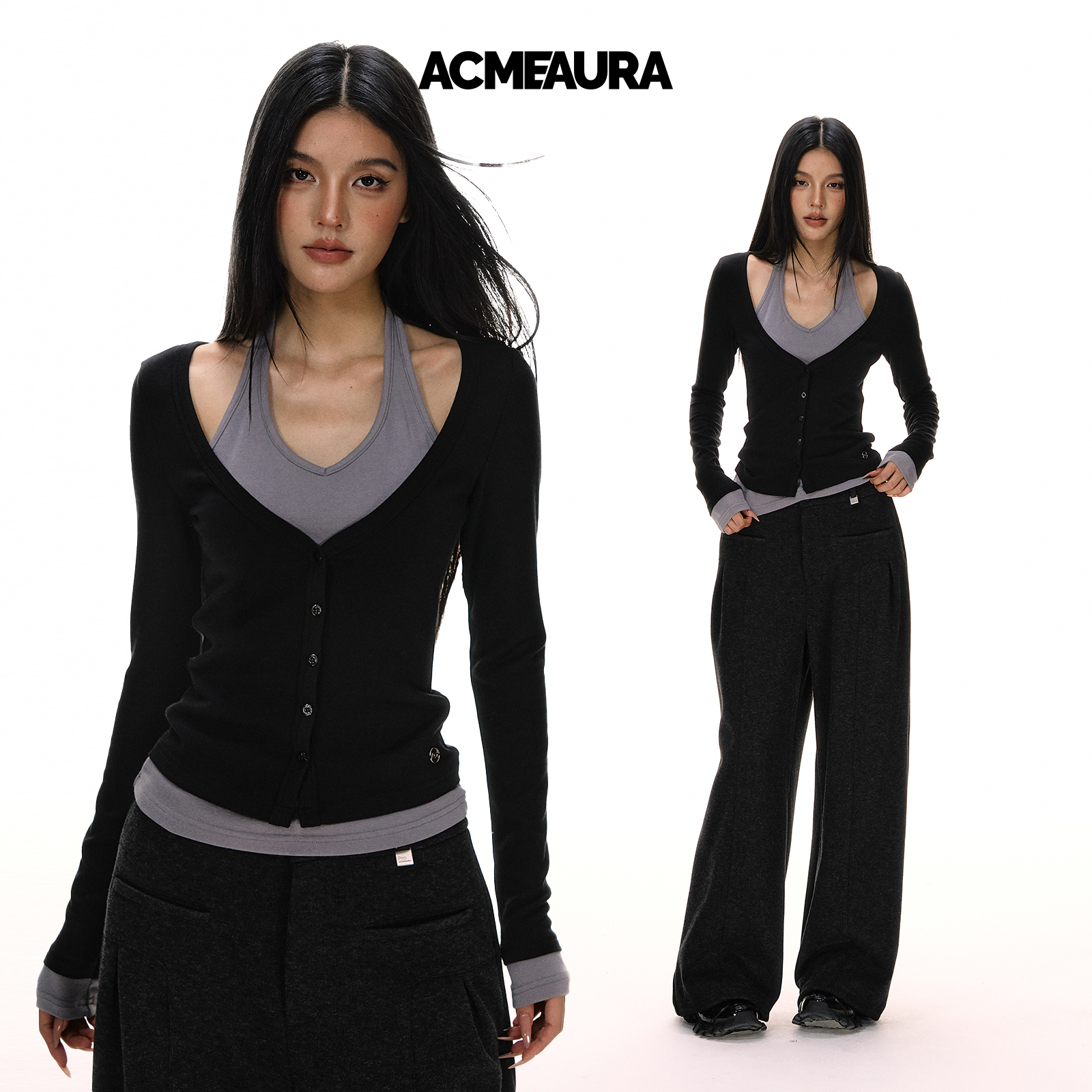 ACMEAURA 2025冬季新款挂脖撞色假两件上衣