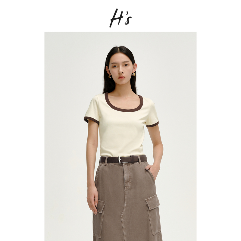 HS复古撞色T恤2025春新品高级设计感女装U领简约时髦短米色短袖